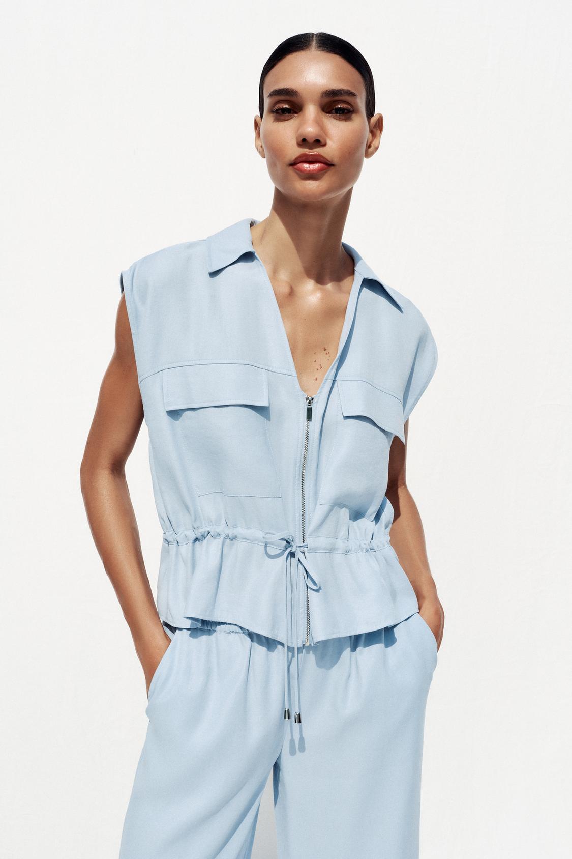 ÄRMELLOSE SAFARI-BLUSE MIT KORDBUND