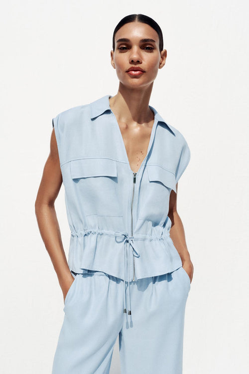 ÄRMELLOSE SAFARI-BLUSE MIT KORDBUND