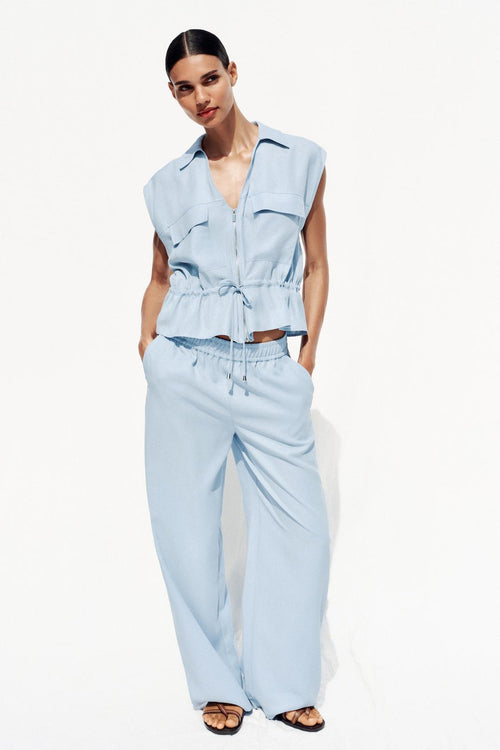 ÄRMELLOSE SAFARI-BLUSE MIT KORDBUND