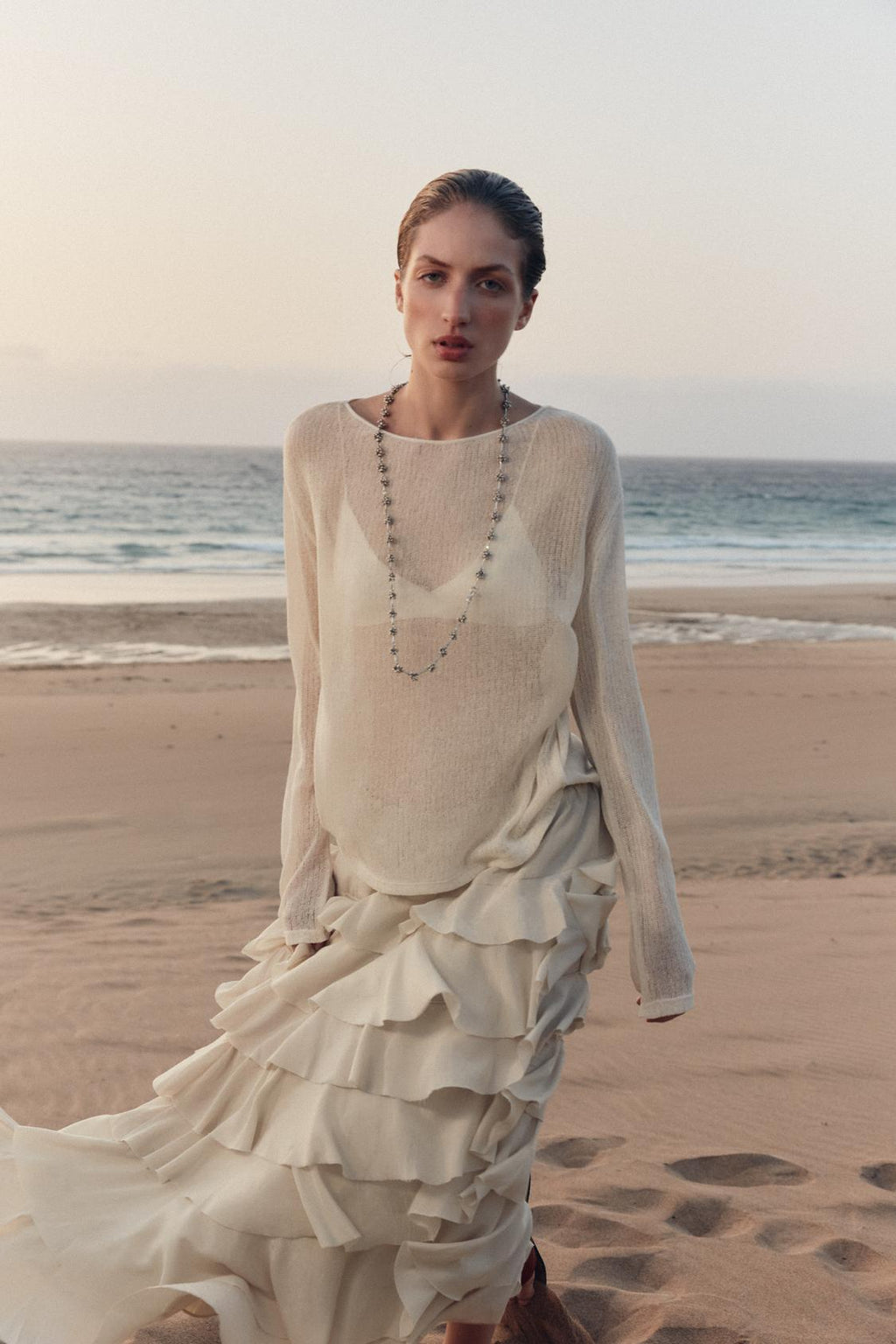 MIDI-ROCK MIT VOLANTS AUS VISKOSE-MIX BEIGE