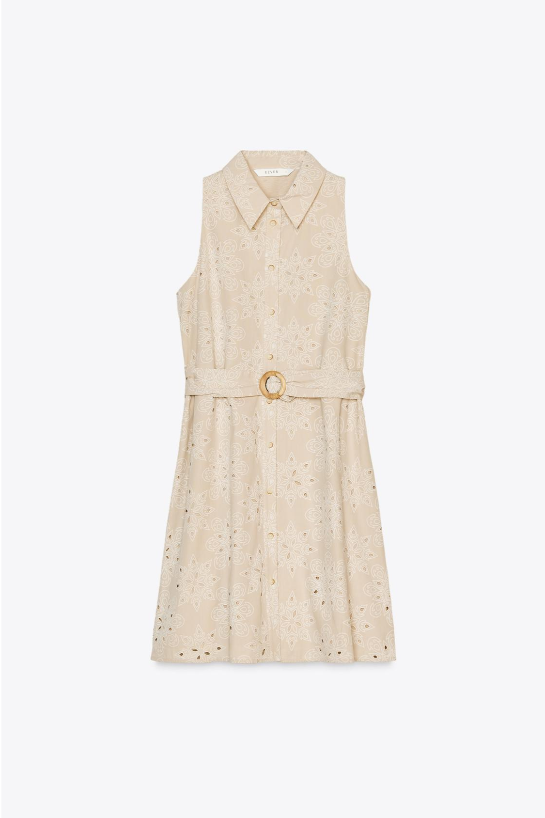 ÄRMELLOSES KLEID MIT STICKEREIDETAILS UND GÜRTEL